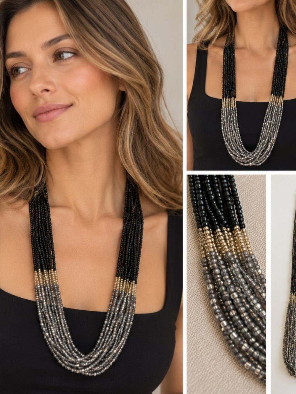 LOFT Black Beaded Necklace 16" Silver & Gold Tone Accents